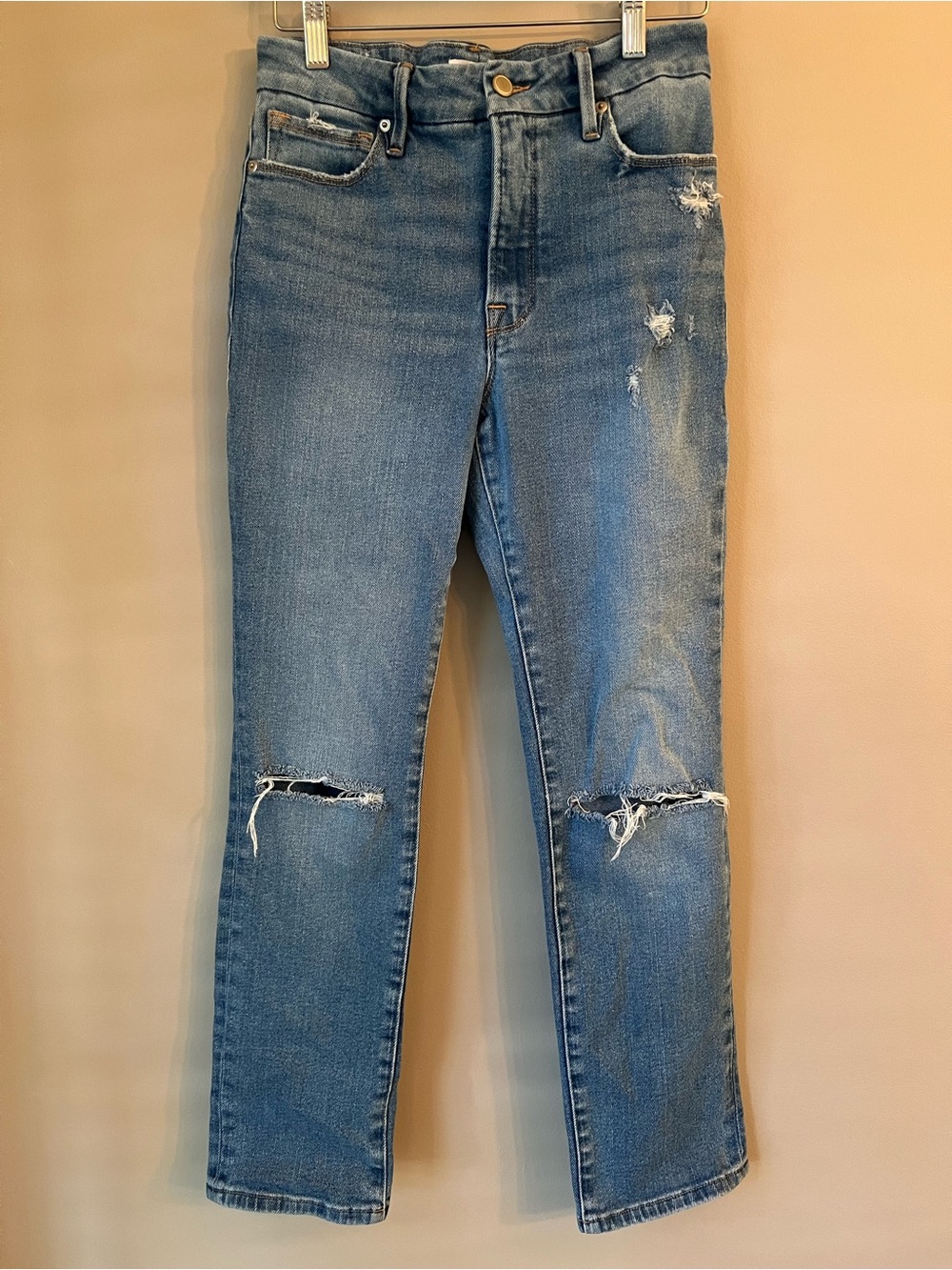 Good American High Rise Distressed Straight Leg Jeans
